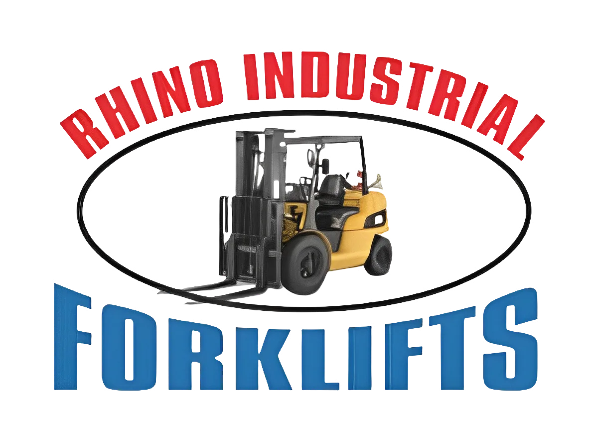 Rhino Industrial Forklifts logo badge with forklift illustration