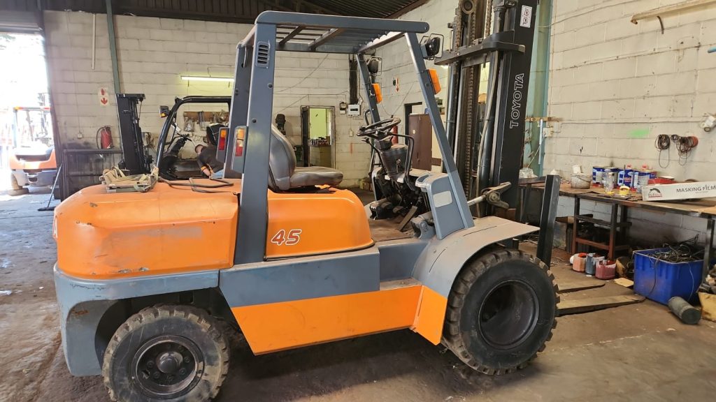Toyota forklift wide angle view in warehouse at Rhino Industrial Forklifts
