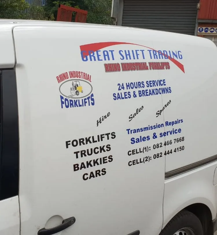 Rhino Industrial Forklifts service vehicle advertising forklift, truck and bakkie sales, hire, spares and transmission repairs